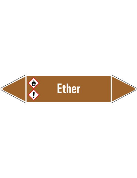 Ether leidingmarkering op rol, 25 meter, bruin wit, tekst Ether met GHS pictogram