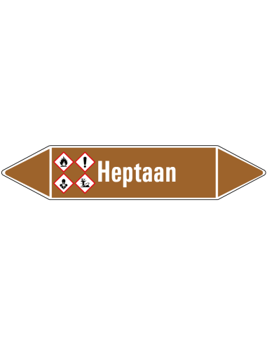 Heptaan leidingmarkering op rol, 25 meter, bruin wit, tekst Heptaan met GHS pictogram