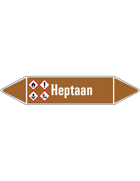 Heptaan leidingmarkering op rol, 25 meter, bruin wit, tekst Heptaan met GHS pictogram