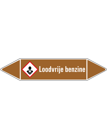 Loodvrije benzine leidingmarkering op rol, 25 meter, bruin wit, tekst Loodvrije benzine met GHS pictogram