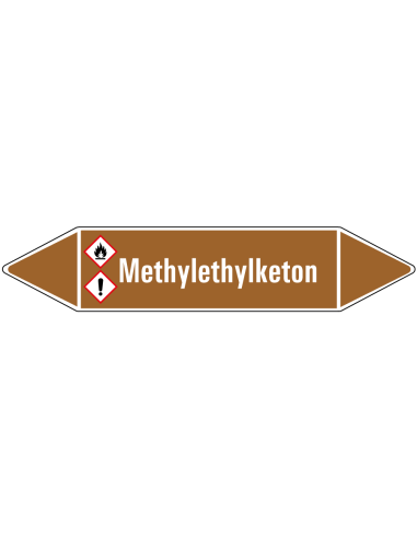 Methylethylketon leidingmarkering op rol, 25 meter, bruin wit, tekst Methylethylketon met GHS pictogram