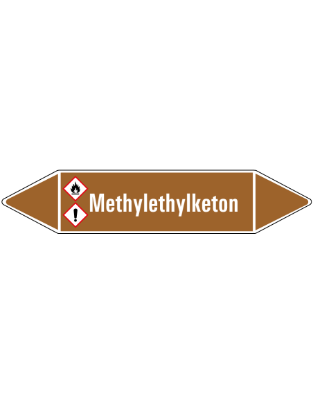 Methylethylketon leidingmarkering op rol, 25 meter, bruin wit, tekst Methylethylketon met GHS pictogram