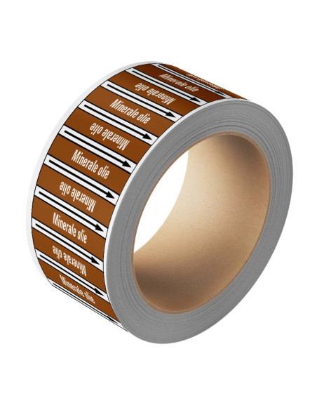 Minerale olie leidingmarkering op rol, 25 meter, bruin wit, tekst Minerale olie