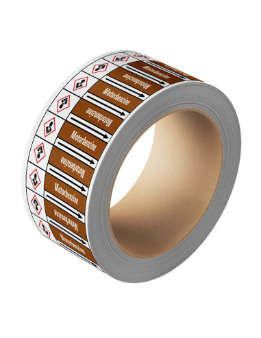 Motorbenzine  leidingmarkering op rol, 25 meter, bruin wit, tekst Motorbenzine  met GHS pictogram