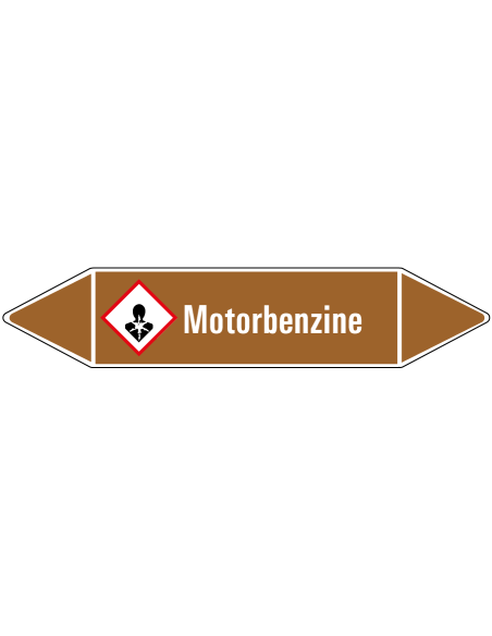Motorbenzine  leidingmarkering op rol, 25 meter, bruin wit, tekst Motorbenzine  met GHS pictogram