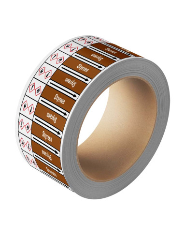 Styreen leidingmarkering op rol, 25 meter, bruin wit, tekst Styreen met GHS pictogram