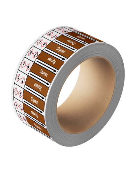 Styreen leidingmarkering op rol, 25 meter, bruin wit, tekst Styreen met GHS pictogram