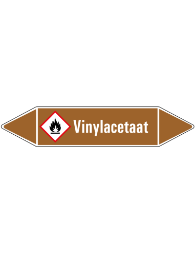 Vinylacetaat leidingmarkering op rol, 25 meter, bruin wit, tekst Vinylacetaat met GHS pictogram