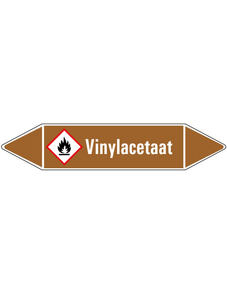 Vinylacetaat leidingmarkering op rol, 25 meter, bruin wit, tekst Vinylacetaat met GHS pictogram