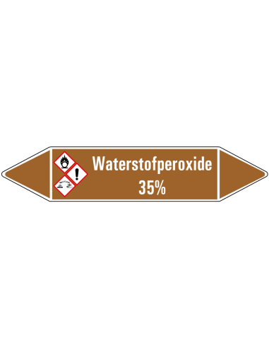 Waterstofperoxide 35% leidingmarkering op rol, 25 meter, bruin wit, tekst Waterstofperoxide 35% met GHS pictogram