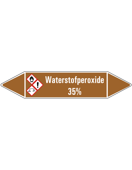 Waterstofperoxide 35% leidingmarkering op rol, 25 meter, bruin wit, tekst Waterstofperoxide 35% met GHS pictogram