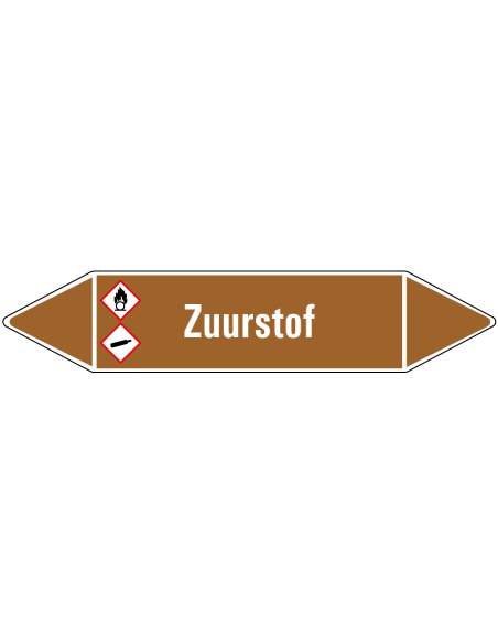 Zuurstof leidingmarkering op rol, 25 meter, bruin wit, tekst Zuurstof met GHS pictogram