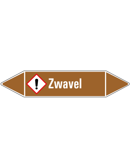 Zwavel leidingmarkering op rol, 25 meter, bruin wit, tekst Zwavel met GHS pictogram