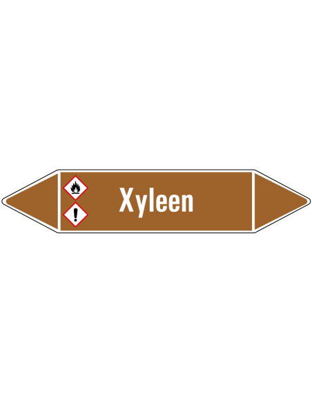 Xyleen leidingmarkering op rol, 25 meter, bruin wit, tekst Xyleen met GHS pictogram