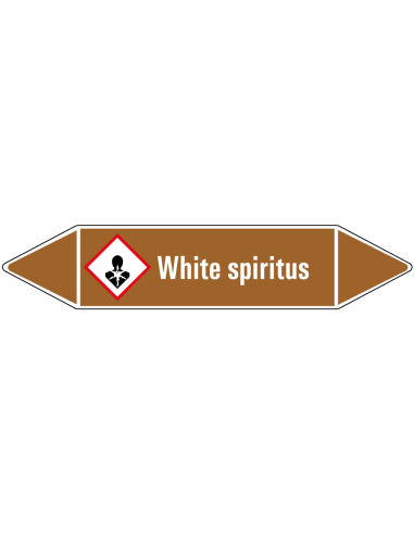 White spiritus leidingmarkering op rol, 25 meter, bruin wit, tekst White spiritus met GHS pictogram
