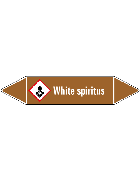 White spiritus leidingmarkering op rol, 25 meter, bruin wit, tekst White spiritus met GHS pictogram