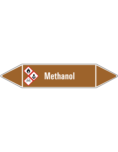 Methanol leidingmarkering op rol, 25 meter, bruin wit, tekst Methanol met GHS pictogram