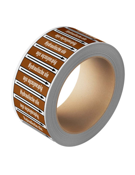 Hydraulische olie leidingmarkering op rol, 25 meter, bruin wit, tekst Hydraulische olie