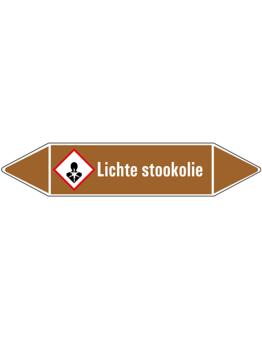 Lichte stookolie leidingmarkering op rol, 25 meter, bruin wit, tekst Lichte stookolie met GHS pictogram