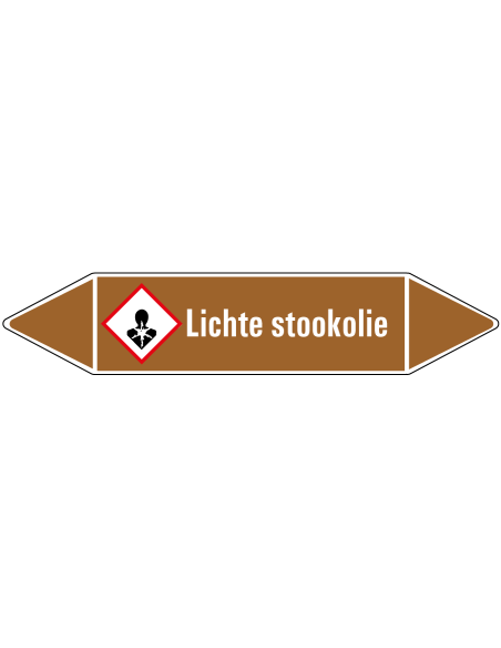 Lichte stookolie leidingmarkering op rol, 25 meter, bruin wit, tekst Lichte stookolie met GHS pictogram
