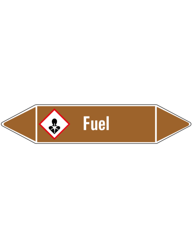 Fuel leidingmarkering op rol, 25 meter, bruin wit, tekst Fuel met GHS pictogram