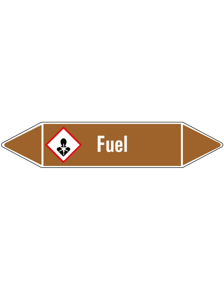 Fuel leidingmarkering op rol, 25 meter, bruin wit, tekst Fuel met GHS pictogram