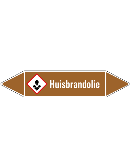 Huisbrandolie leidingmarkering op rol, 25 meter, bruin wit, tekst Huisbrandolie met GHS pictogram