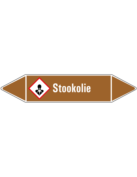 Stookolie leidingmarkering op rol, 25 meter, bruin wit, tekst Stookolie met GHS pictogram