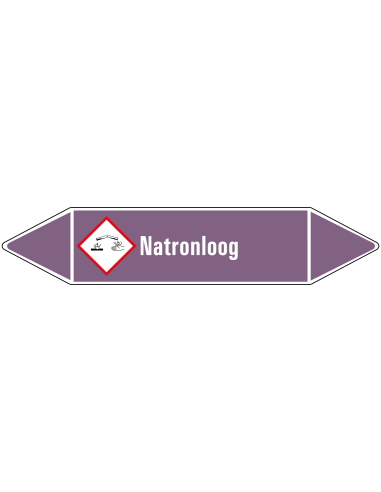 Natronloog  leidingmarkering op rol, 25 meter, paars wit, tekst Natronloog met GHS pictogram