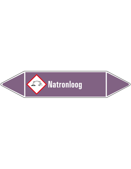 Natronloog  leidingmarkering op rol, 25 meter, paars wit, tekst Natronloog met GHS pictogram
