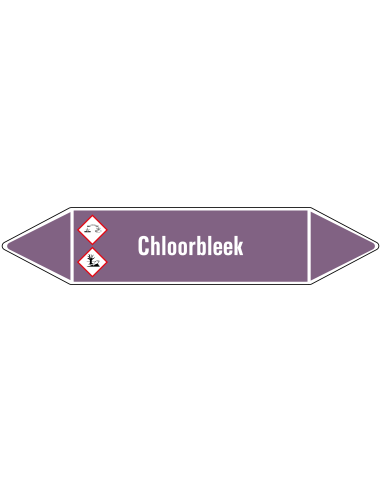 Chloorbleek leidingmarkering op rol, 25 meter, paars wit, tekst Chloorbleek met GHS pictogram