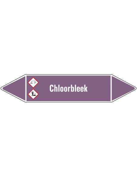 Chloorbleek leidingmarkering op rol, 25 meter, paars wit, tekst Chloorbleek met GHS pictogram