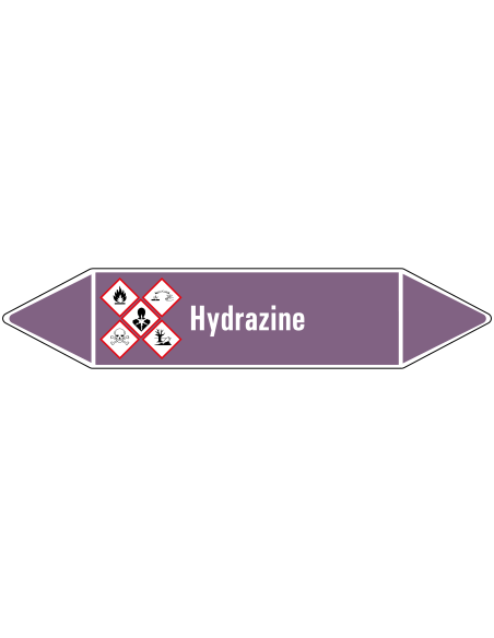 Hydrazine leidingmarkering op rol, 25 meter, paars wit, tekst Hydrazine met GHS pictogram