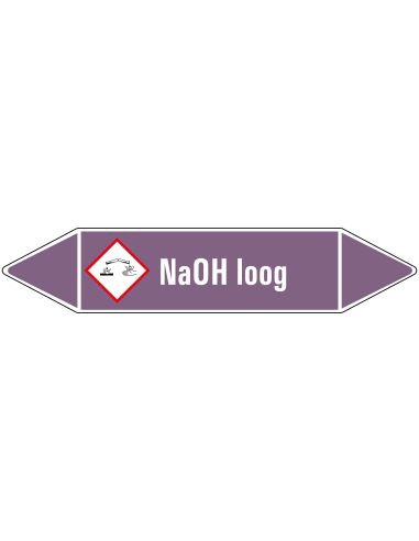 NaOH loog leidingmarkering op rol, 25 meter, paars wit, tekst NaOH loog met GHS pictogram