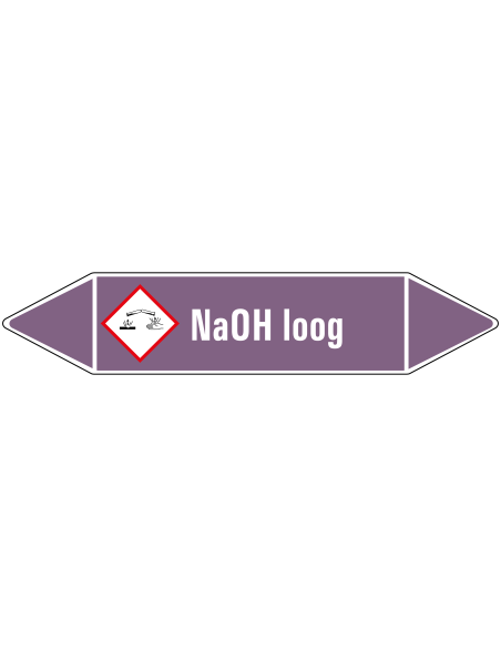 NaOH loog leidingmarkering op rol, 25 meter, paars wit, tekst NaOH loog met GHS pictogram