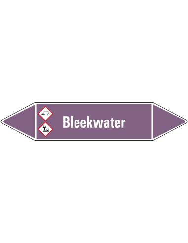 Bleekwater leidingmarkering op rol, 25 meter, paars wit, tekst Bleekwater met GHS pictogram