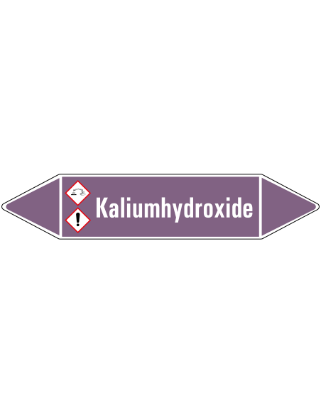 Kaliumhydroxide leidingmarkering op rol, 25 meter, paars wit, tekst Kaliumhydroxide met GHS pictogram