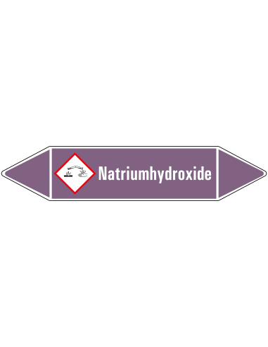 Natriumhydroxide leidingmarkering op rol, 25 meter, paars wit, tekst Natriumhydroxide met GHS pictogram