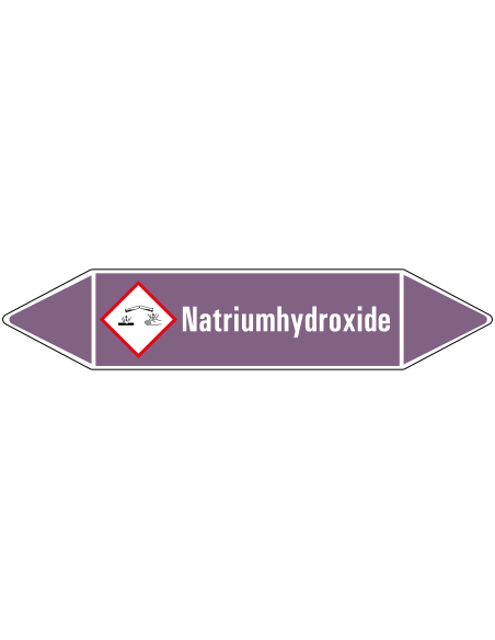 Natriumhydroxide leidingmarkering op rol, 25 meter, paars wit, tekst Natriumhydroxide met GHS pictogram