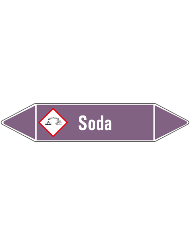 Soda leidingmarkering op rol, 25 meter, paars wit, tekst Soda met GHS pictogram