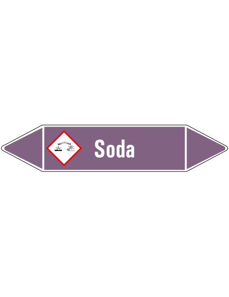 Soda leidingmarkering op rol, 25 meter, paars wit, tekst Soda met GHS pictogram