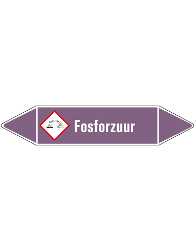 Fosforzuur leidingmarkering op rol, 25 meter, paars wit, tekst Fosforzuur met GHS pictogram