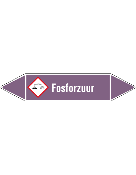 Fosforzuur leidingmarkering op rol, 25 meter, paars wit, tekst Fosforzuur met GHS pictogram