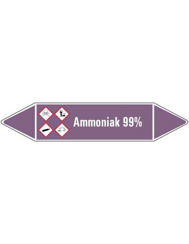 Ammoniak 99% leidingmarkering op rol, 25 meter, paars wit, tekst Ammoniak 99% met GHS pictogram