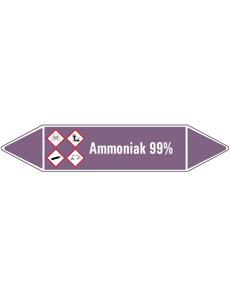 Ammoniak 99% leidingmarkering op rol, 25 meter, paars wit, tekst Ammoniak 99% met GHS pictogram