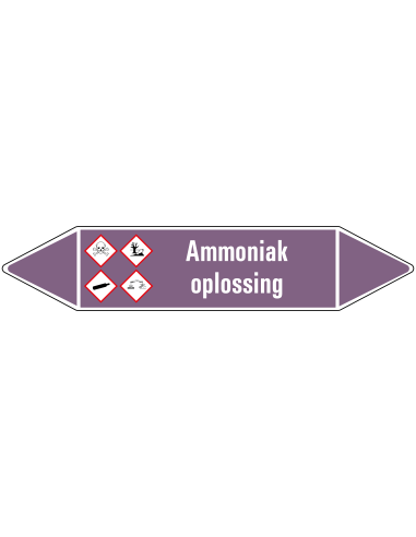 Ammoniak oplossing leidingmarkering op rol, 25 meter, paars wit, tekst Ammoniak oplossing  met GHS pictogram