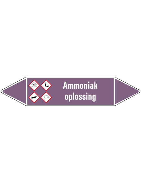 Ammoniak oplossing leidingmarkering op rol, 25 meter, paars wit, tekst Ammoniak oplossing  met GHS pictogram