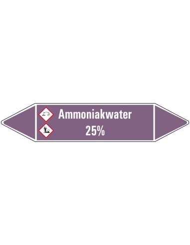 Ammoniakwater 25% leidingmarkering op rol, 25 meter, paars wit, tekst Ammoniakwater 25% met GHS pictogram