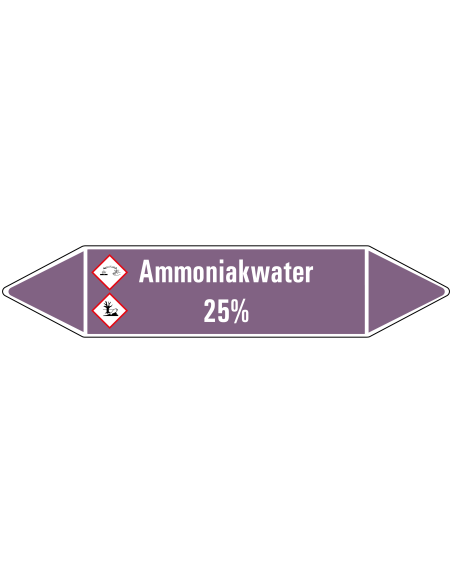 Ammoniakwater 25% leidingmarkering op rol, 25 meter, paars wit, tekst Ammoniakwater 25% met GHS pictogram