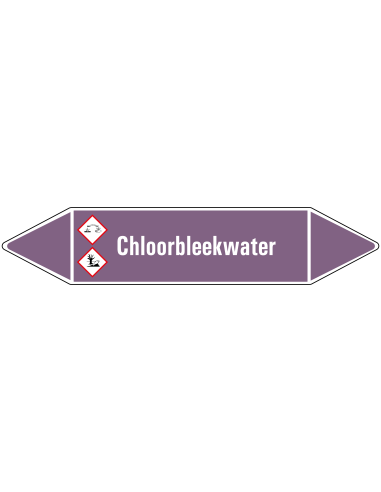 Chloorbleekwater leidingmarkering op rol, 25 meter, paars wit, tekst Chloorbleekwater met GHS pictogram